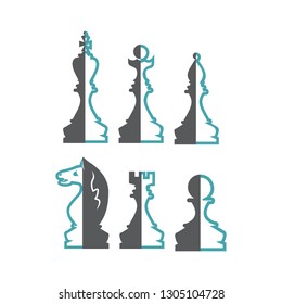 Chess figures king, queen, bishop, knight, rook, pawn from two halves. Set of two vector icons. A half is integral, the second - an inking. Flat des