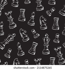Chess figures on a black background seamless pattern. Hand-drawn sketch. Vector background