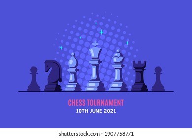 Chess Figures on Blue Background with Halftone. Chess Tournament Banner Template