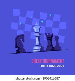 Chess Figures on Blue Background with Chessboard. Chess Tournament Banner Template