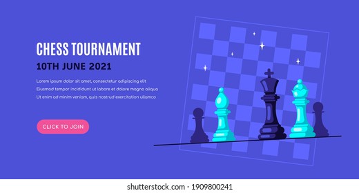 Chess Figures on Blue Background with Chessboard. Chess Tournament Banner Template