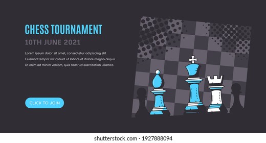 Chess Figures on Blue Black Background with Chessboard. Chess Tournament Banner Template