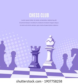 Chess Figures on Chess Board and Halftones on Background. Chess Club Banner Template.