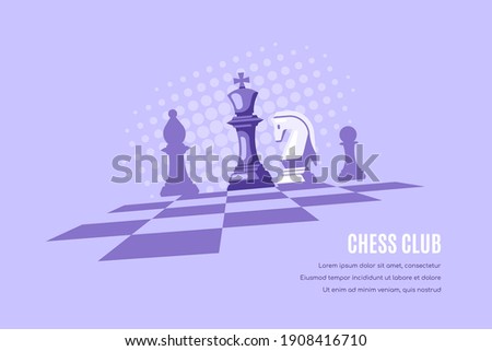 Chess Figures on Chess Board and Halftones on Background. Chess Club Banner Template.