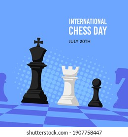 Chess Figures on Chess Board. International Chess Day Banner