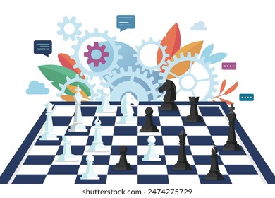 Chess figures on a chess board with mechanic gears in the background. Concept of business competition. Vector illustration