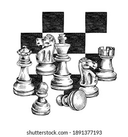 Chess figures on a checkered background. Textile composition, hand drawn style print. Vector black and white illustration. 