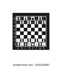 Chess Figures on Chessboard Top View. Black And White Game Pieces King, Queen, Rook, Knight, Bishop, Pawn On Board. Isolated Game Elements, Icons On White Background. Cartoon Vector Illustration