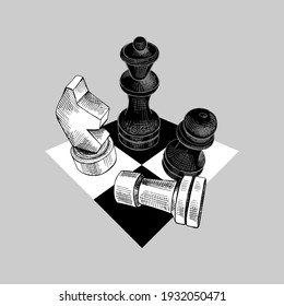 Chess figures on the chessboard. T-shirt composition, hand drawn style print. Vector black and white illustration. 