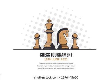 Chess Figures on white background. Chess Tournament Banner Template. Outline Vector Illustration