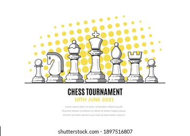 Chess Figures on white background. Chess Tournament Banner Template. Outline Vector Illustration