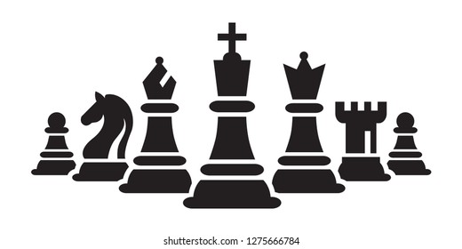 Chess Figures Pieces Team Vector Illustration. Silhouettes of Chess Pieces. Figurine of King, Queen, Bishop, Knight, Rook, Pawn.