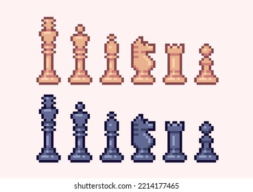 Chess figures pixel art set. Chessmen collection 8 bit sprite. Game development, mobile app.  Isolated vector illustration.