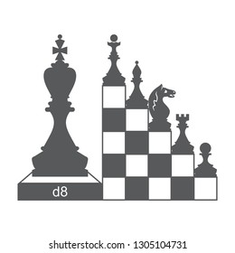 Chess figures are placed on steps from a chessboard. Set of two vector icons. Flat design. Monochrome