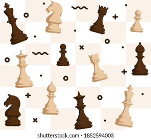 Chess figures seamless pattern design on light chessboard background