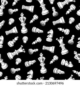 Chess figures seamless pattern. Hand-drawn sketch. Black Vector background.