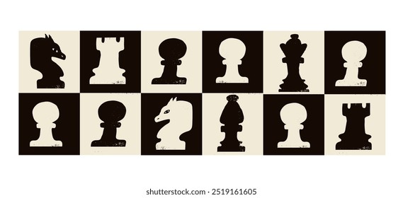 Chess figures set. Trendy board game, strategy concept. Black and white silhouettes. King, queen, bishop, pawn, horse, knight, rook. Hand drawn modern Vector illustration