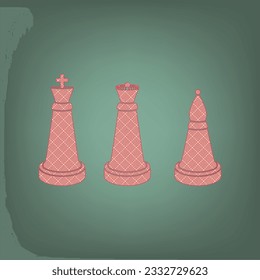 Chess figures sign. Apricot Icon with Brick Red parquet floor graphic pattern on a Ebony background. Feldgrau. Green. Illustration.