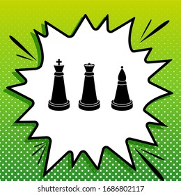 Chess figures sign. Black Icon on white popart Splash at green background with white spots. Illustration.