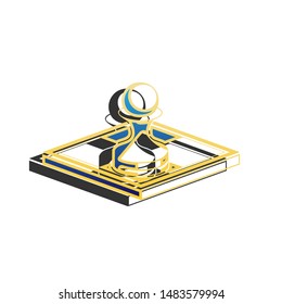 Chess figures sign. Blue icon with gold contour with dark gray shadow at white background. Illustration.