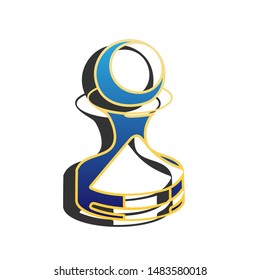 Chess figures sign. Blue icon with gold contour with dark gray shadow at white background. Illustration.