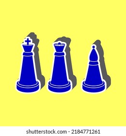 Chess figures sign. Blue Icon with white stroke in 3d at yellow Background. Illustration.