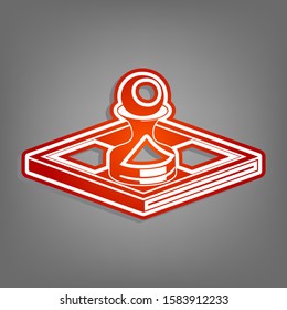 Chess figures sign. Flat red icon with linear white icon with gray shadow at grayish background. Illustration.