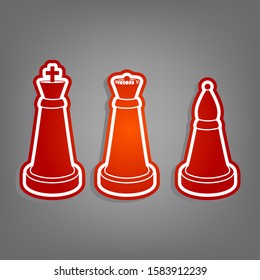 Chess figures sign. Flat red icon with linear white icon with gray shadow at grayish background. Illustration.