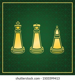 Chess figures sign. Golden icon with gold contour at dark green gridded white background. Illustration.