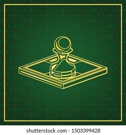 Chess figures sign. Golden icon with gold contour at dark green gridded white background. Illustration.