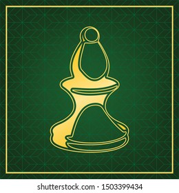 Chess figures sign. Golden icon with gold contour at dark green gridded white background. Illustration.