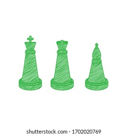 Chess figures sign. Green scribble Icon with solid contour on white background. Illustration.