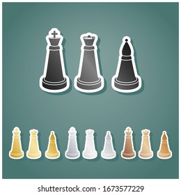 Chess figures sign. Set of metallic Icons with gray, gold, silver and bronze gradient with white contour and shadow at viridan background. Illustration.