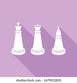 Chess figures sign. White Icon with long shadow at purple background. Illustration.