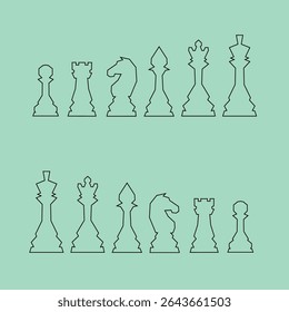 Xadrez figuras ícones vetoriais definidos. Jogo de tabuleiro. Rei, rainha, bispo, peão, cavalo, cavaleiro, torre. Dia Internacional do Xadrez. Torneio de xadrez. Conceito de estratégia