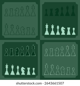 Chess figures vector icons set. Board game. King, queen, bishop, pawn, horse, knight, rook. International chess day. Chess tournament. Strategy concept