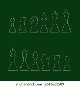 Chess figures vector icons set. Board game. King, queen, bishop, pawn, horse, knight, rook. International chess day. Chess tournament. Strategy concept