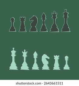Chess figures vector icons set. Board game. King, queen, bishop, pawn, horse, knight, rook. International chess day. Chess tournament. Strategy concept