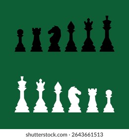 Xadrez figuras ícones vetoriais definidos. Jogo de tabuleiro. Rei, rainha, bispo, peão, cavalo, cavaleiro, torre. Dia Internacional do Xadrez. Torneio de xadrez. Conceito de estratégia