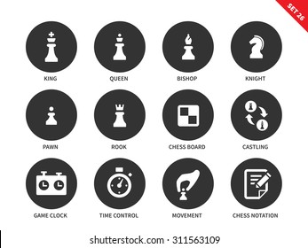 Chess figures vector icons set. Intellectual game concept. Equipment for playing chess, king, queen, bishop, knight, pawn, rook, board, game clock and chess notation. Isolated on white background