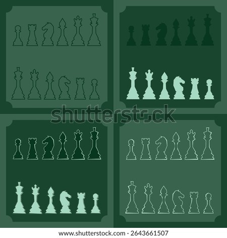 Chess figures vector icons set. Board game. King, queen, bishop, pawn, horse, knight, rook. International chess day. Chess tournament. Strategy concept