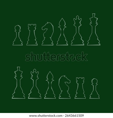 Chess figures vector icons set. Board game. King, queen, bishop, pawn, horse, knight, rook. International chess day. Chess tournament. Strategy concept