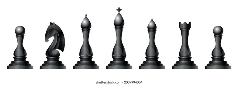 Chess Figures Vector Set. King, Queen, Bishop, Knight Or Horse, Rook And Pawn - Standard Chess Pieces. Strategic Board Game For Intellectual Leisure. Black Items