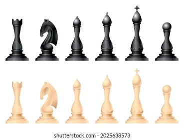 Chess figures vector set. King, queen, bishop, knight or horse, rook and pawn - standard chess pieces. Strategic board game for Intellectual leisure. Black and white items