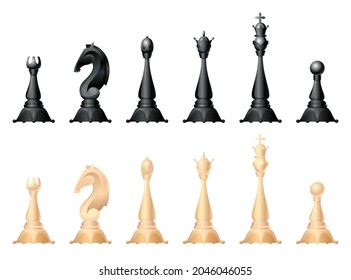 Chess figures vector set. King, queen, bishop, knight or horse, rook and pawn - standard chess pieces. Strategic board game for Intellectual leisure. Black and white items