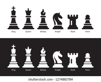 Chess Figurine Flat Vector Illustration. Six Objects Including King, Queen, Bishop, Knight, Rook, Pawn. Black Chess Icons Set.