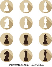 Chess flat icon.Set of named chess piece vector icons showing the king queen rook bishop knight and pawn