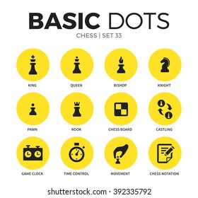 Chess flat icons set with king element, queen form and rook form isolated vector illustration on white