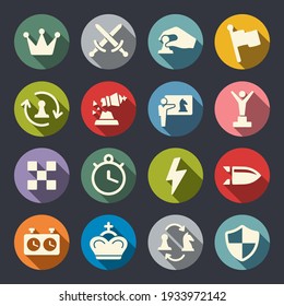 Chess flat vector icon set. Game, tournament, checkmate, learning, game clock, move, bullet, rapid, blitz and other chess symbols.