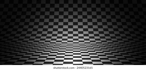 Suelo de ajedrez en perspectiva con textura de tablero de ajedrez. Tabla de ajedrez vacía. Fondo de estudio de mosaico de cuadrados en blanco y negro. Ilustración vectorial.